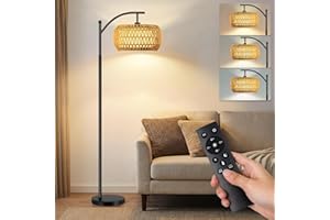 LANICHO Floor Lamp, Boho Floor Lamp with Rattan & Linen Shades, Arc Floor Lamps for Living Room with Remote, Standing Lamps w