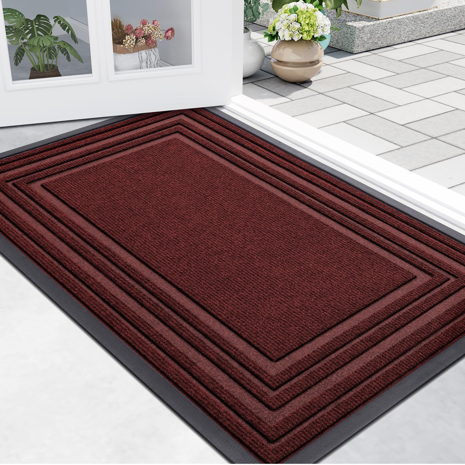 Photo 1 of Buganda Front Door Mat Indoor Outdoor Entrance, Non-Slip Natural Rubber Doormats, Easy Clean, Low Profile, Dirt Trapper Entryway Floor Mats for Outside, Garages and Patios, 29.5x17, Wine Red