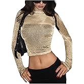 MakeMeChic Women's Y2K Crop Tops Metallic Boat Neck Mesh Long Sleeve Tops Club Tee Shirts