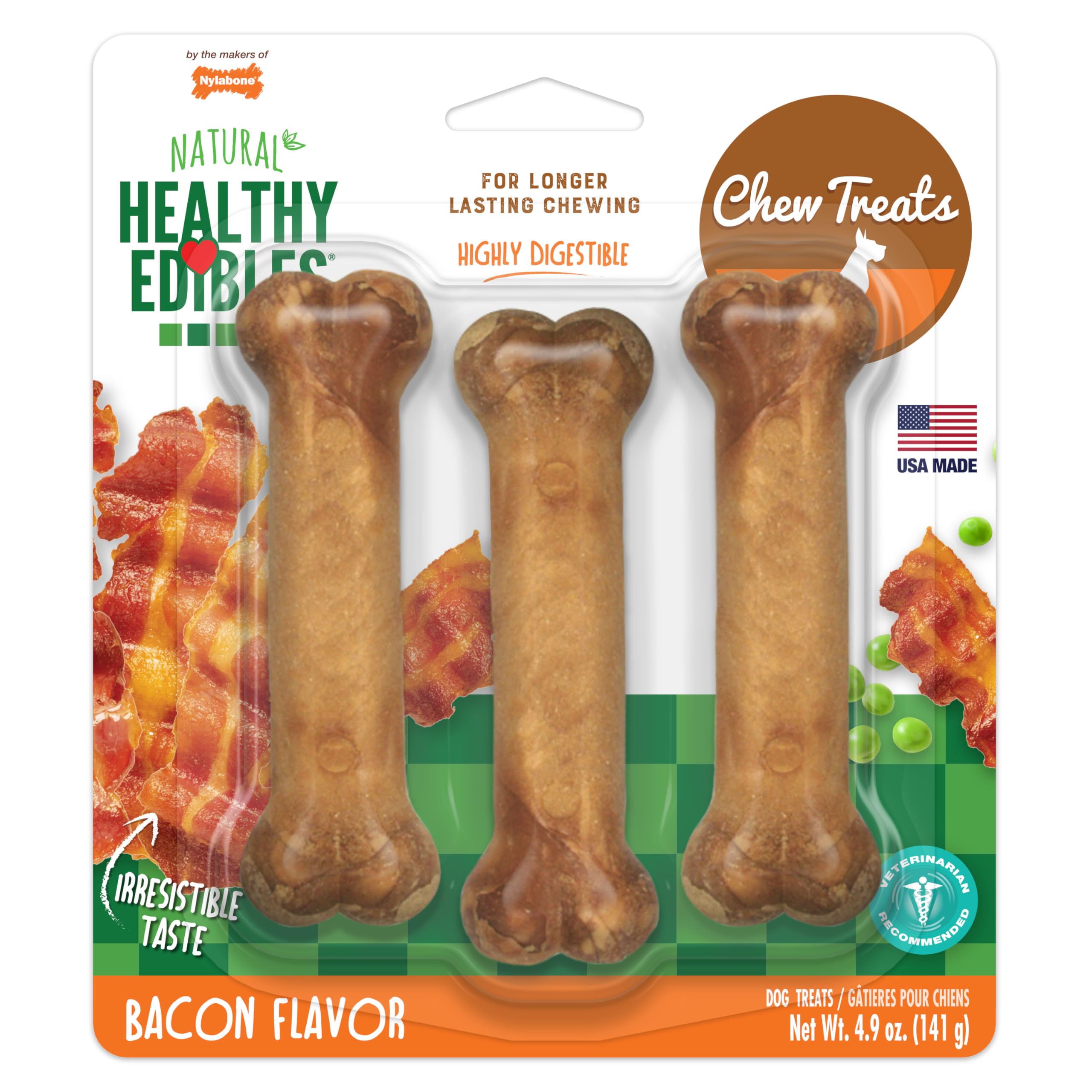 Nylabone Healthy Edibles Regular Bacon Flavored Dog Treats with Vitamins, Triple Pack
