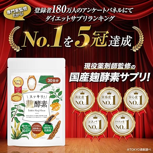 Amazon Tokyoサプリ スッキリ麹酵素 ダイエットサプリ No 1ランキング5冠達成 酪酸菌 酵素 乳酸菌 ダイエット 紅麹 乳酸菌 酵素 カルニチン サラシア ギムネマ 薬剤師監修 日本製 30日 Tokyoサプリ 医師や薬剤師が監修したみんなで作るサプリ ダイエット