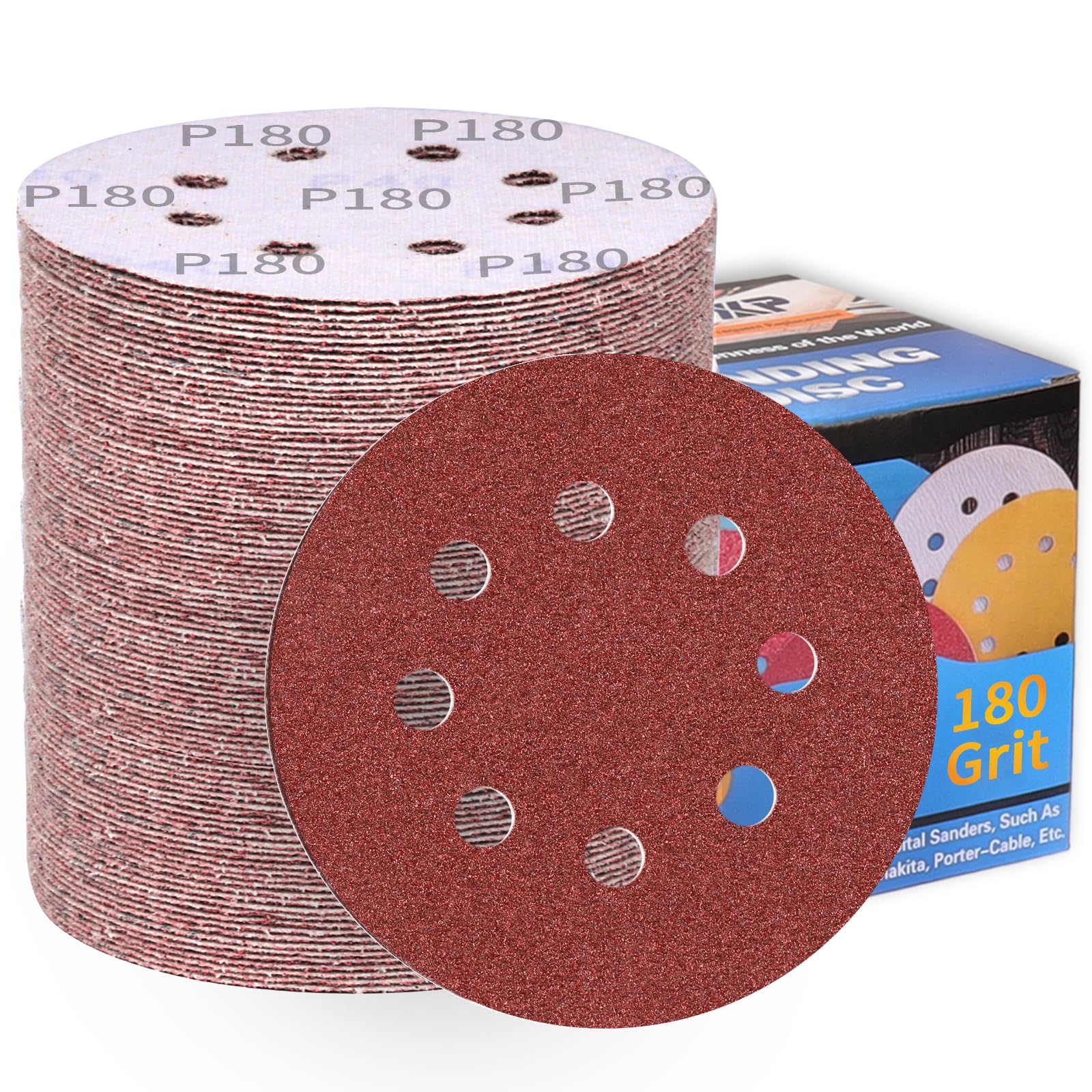 100Pcs 125mm Sanding Discs 180 Grit 8-Holes Hook and Loop Sanding Pads for Random Orbital Sander Sandpaper Sheet-ALPXUXP — image 1