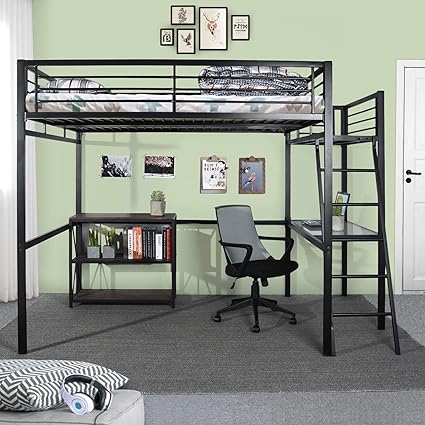 Furnish 1 Lit Mezzanine Adulte En Noir Metal Laque Epoxy Avec Sommier Bureau Rangement 140x190cm Matelas Exclu Amazon Fr Cuisine Maison