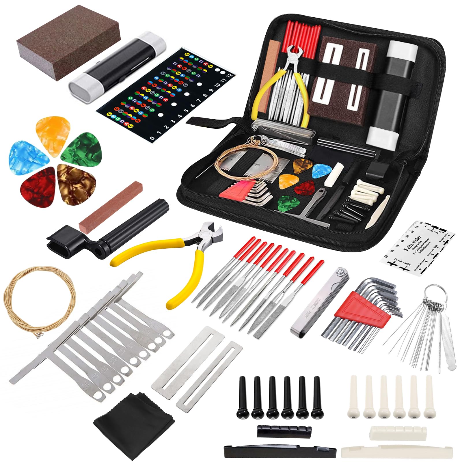 26PCS Guitar Repairing Tool Kit, Including Wire Plier, String Organizer, Fingerboard Protector, Hex Wrenches, Files, String Action Ruler, Spanner Wrench, Bridge Pins for Guitar Ukulele Bass (26) — image 1