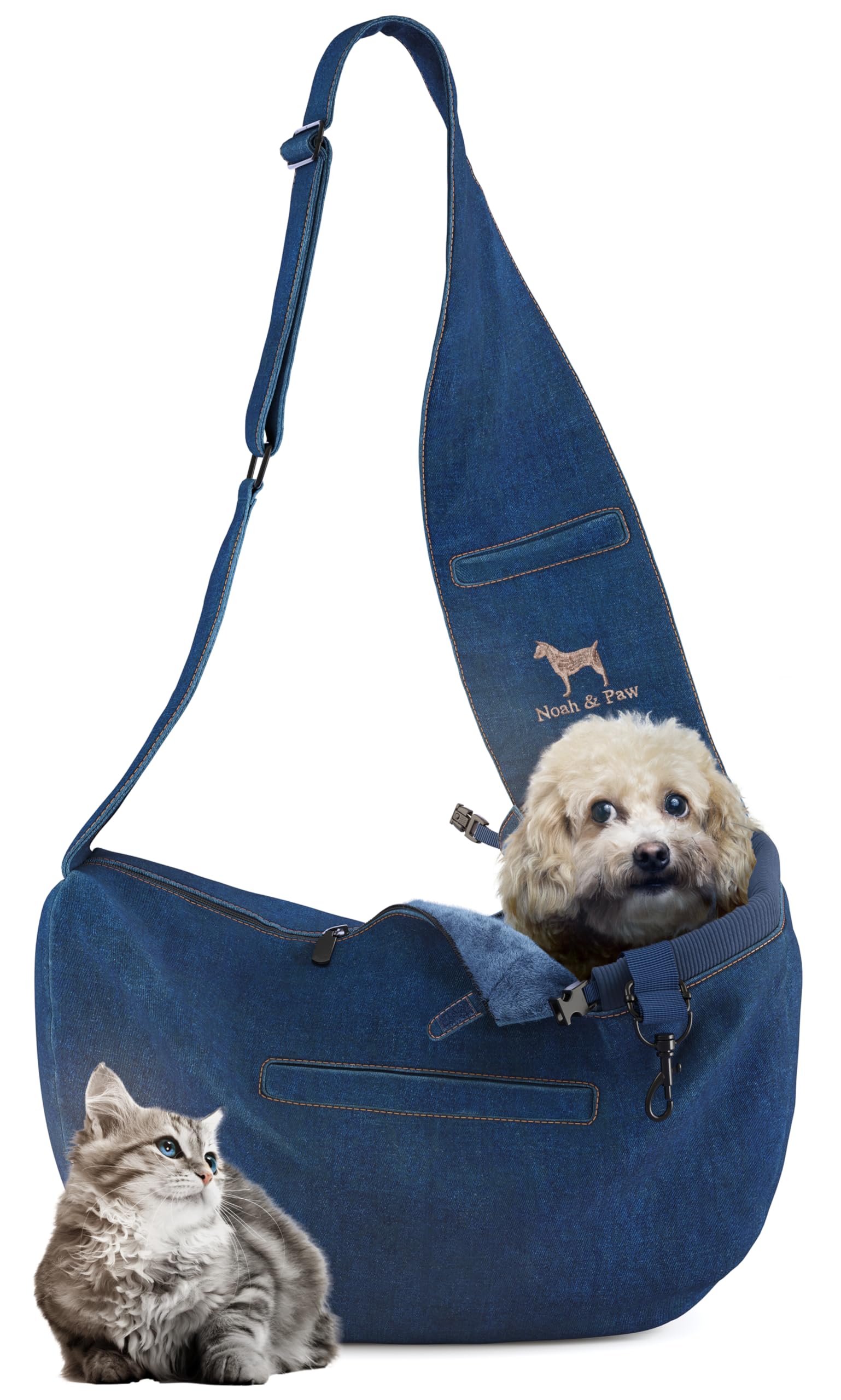 Photo 1 of Noah & Paw Dog Sling Carrier for Small Dogs 5-18lb, Dog Sling for Small Dogs and Cats, Dog Carrier with Adjustable Padded Strap, Vegan Denim Lined with Fur, 3X Safety Features, Machine Washable