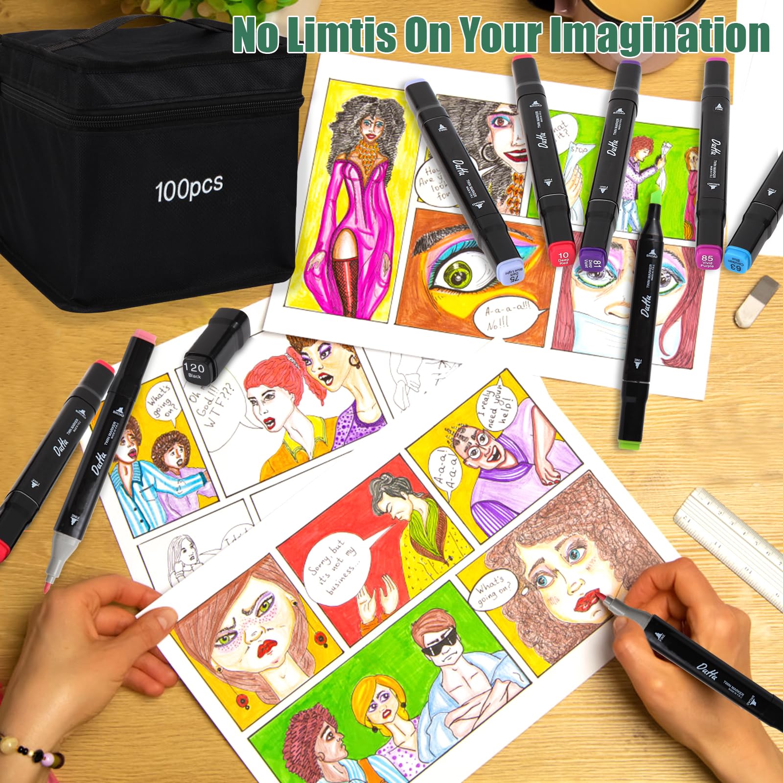 Kebuye 100 Colors Alcohol Markers Set, Dual Tips Blender Art Markers for Drawing Sketching Coloring Artist Pens and Underlining, Professional Permanent Sketch Marker for Kids Adult Coloring