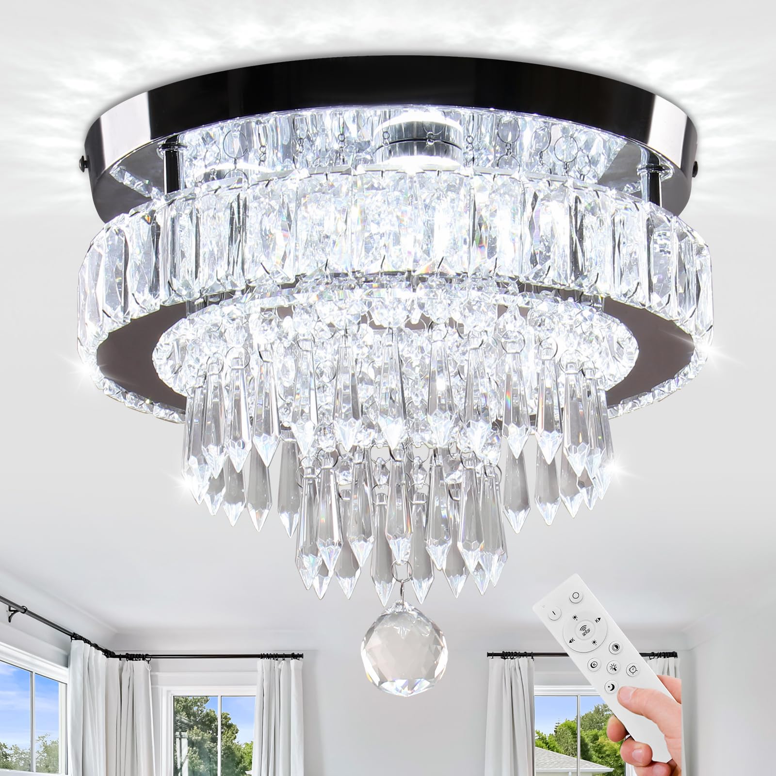 Photo 1 of 11.8 inch Dimmable Crystal Chandeliers Modern LED Crystal Ceiling Light Flush Mount Chandelier Lighting for Bedroom Dining Room Hallway Closet Foyer(3000K/4500K/6500K)