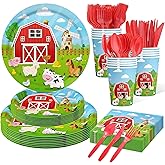 150 Pcs Farm Animal Birthday Party Decorations Farm Plates Tableware Barnyard Farm Birthday Party Supplies Serves 25 Farm Themed Cups, Farm Animal Napkins Red Knife/Fork/Spoon