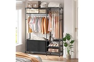 Raybee Clothes Rack, Clothing Rack for Hanging Clothes 3-in-1 Garment Rack with Large Storage Bag, Portable Closet Rack for Shoes, Freestanding Clothes Rack for Bedroom, Entryway, Black