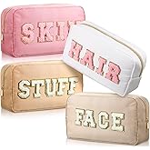Remerry 4 PCS Nylon Cosmetic Bags Waterproof Spacious Travel Makeup Organizer for Women Chenille Letter Preppy Zipper Pouch Face Stuff Skin Hair Organizer Gift(Light Brown, Beige, Light Pink, White)