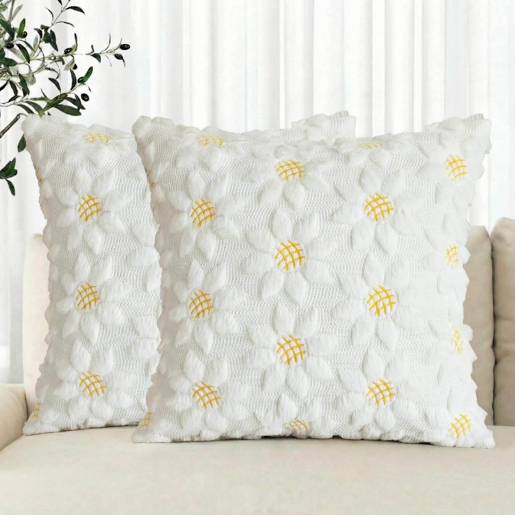AVOIN colorlife Spring Summer Cream White Sunflower Throw Pillow Covers Set of 2, 18 x 18 Inch Seasonal Flora Farmhouse Decor Flower Soft Plush Faux Fur Jacquard Cushion Case for Home Sofa