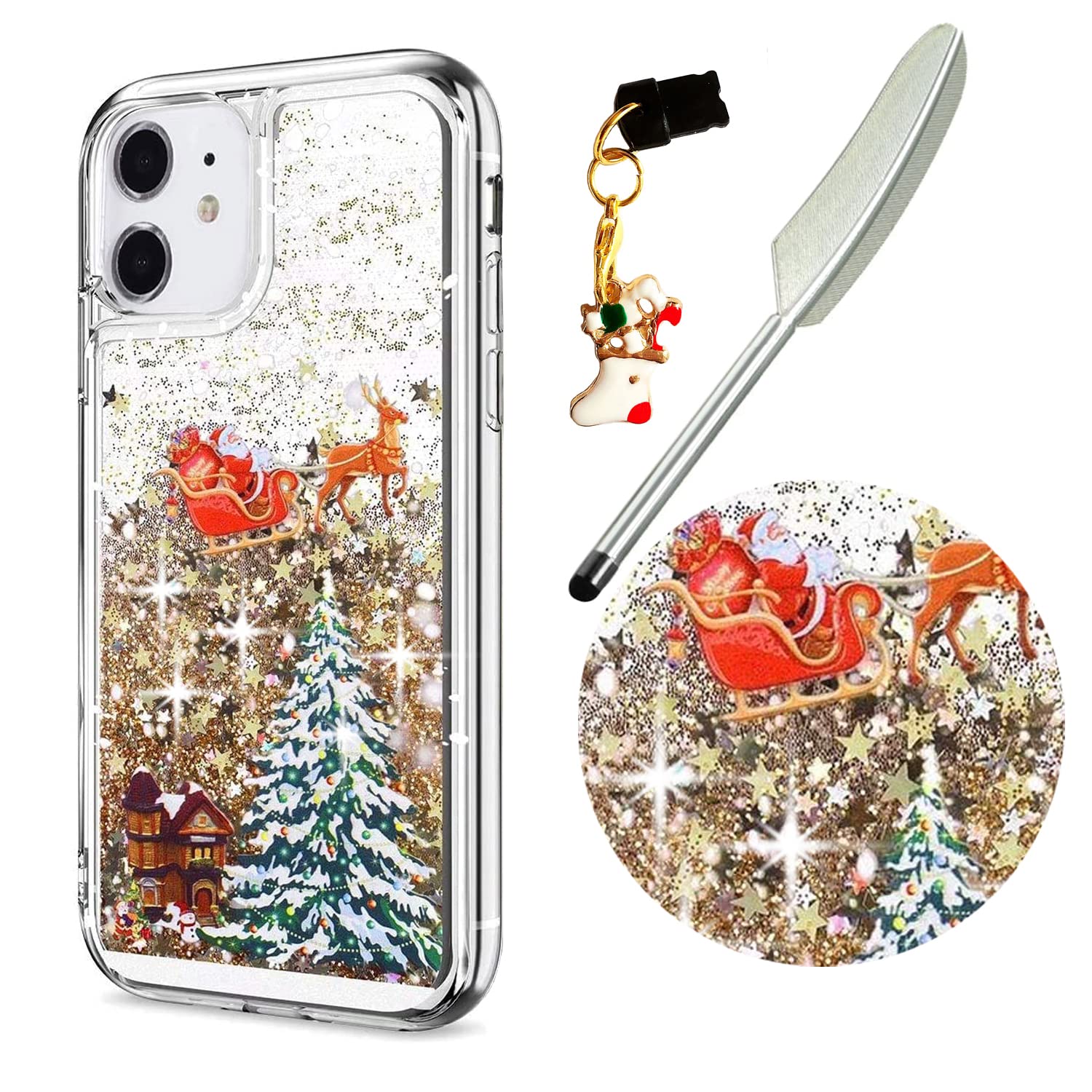 Reevermap iPhone 11 Case Christmas Phone Case, Protective Clear Shiny Glitter Liquid Floating Soft Silicone Xmas Santa Claus Cover for iPhone 11 & One Touch Pen & One Dust Plug, Gold