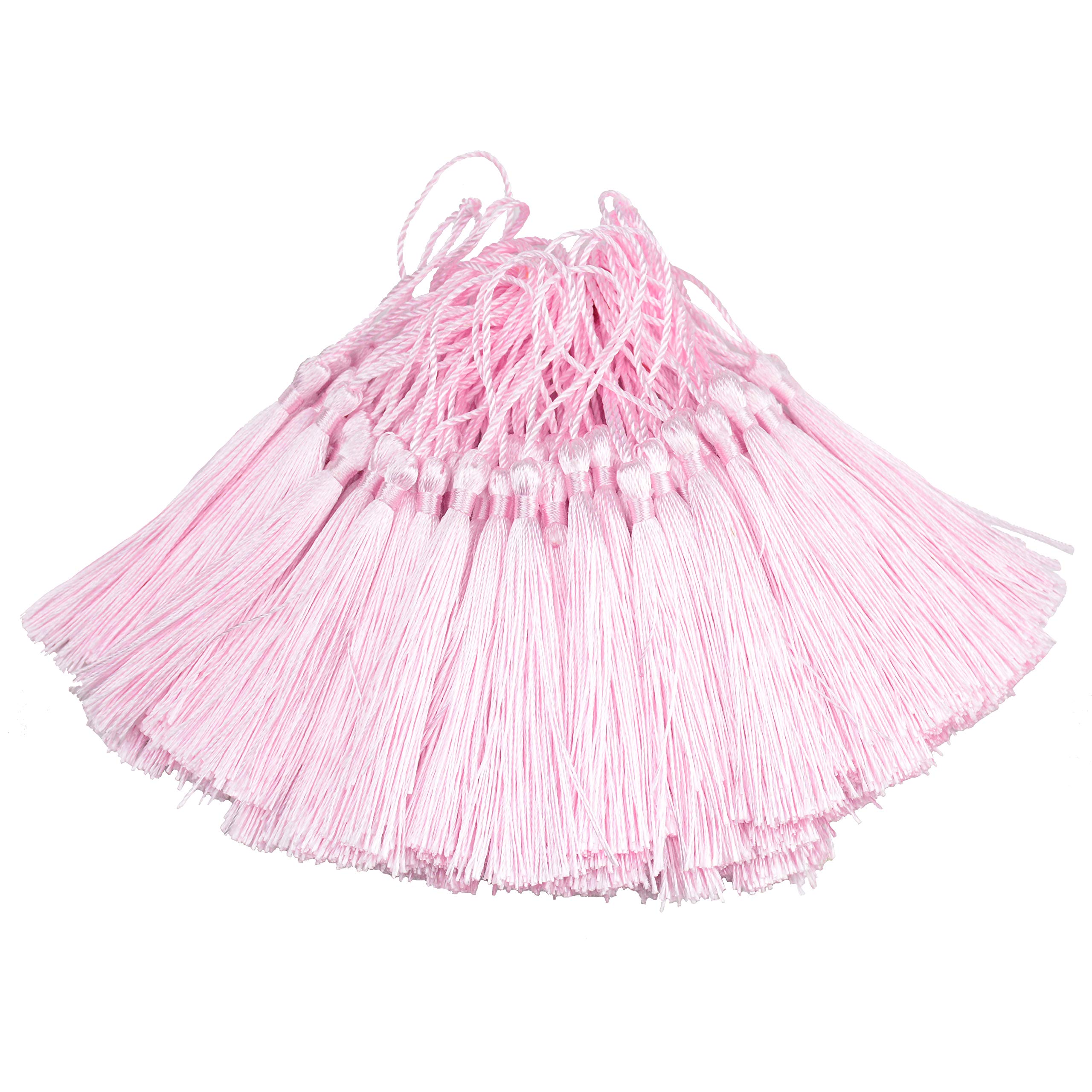 Makhry 100pcs 13cm/5 Inch Silky Floss bookmark Tassels with 3-Inch Cord Loop and Small Chinese Knot for Jewelry Making, Souvenir, Bookmarks, DIY Craft Accessory (Water Pink)