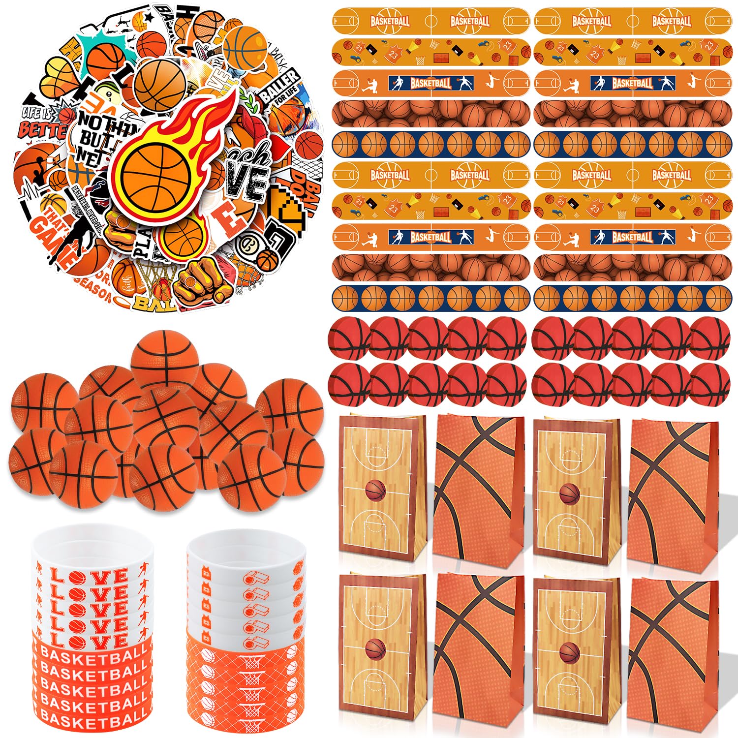 Basketball Party Favors-150Pcs Basketball Party Supplies-Basketball Wristbands Basketball Stickers Mini Basketballs Slap Bracelets Basketball Gift Bags Erasers, Gift to Student Kid Basketball Lover