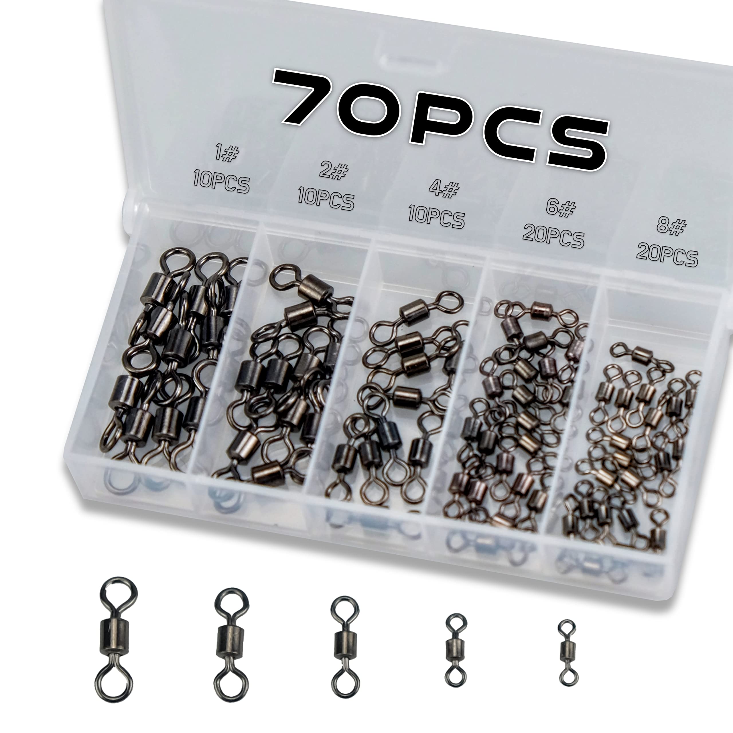 Piscorush 70/210pcs Fishing Swivels Rolling Barrel Swivels Multisize High Strength Stainless Steel Rolling Swivels Fishing Hook Line Connector Angling Accessories (1#10 2#10 4#10 6#20 8#20)