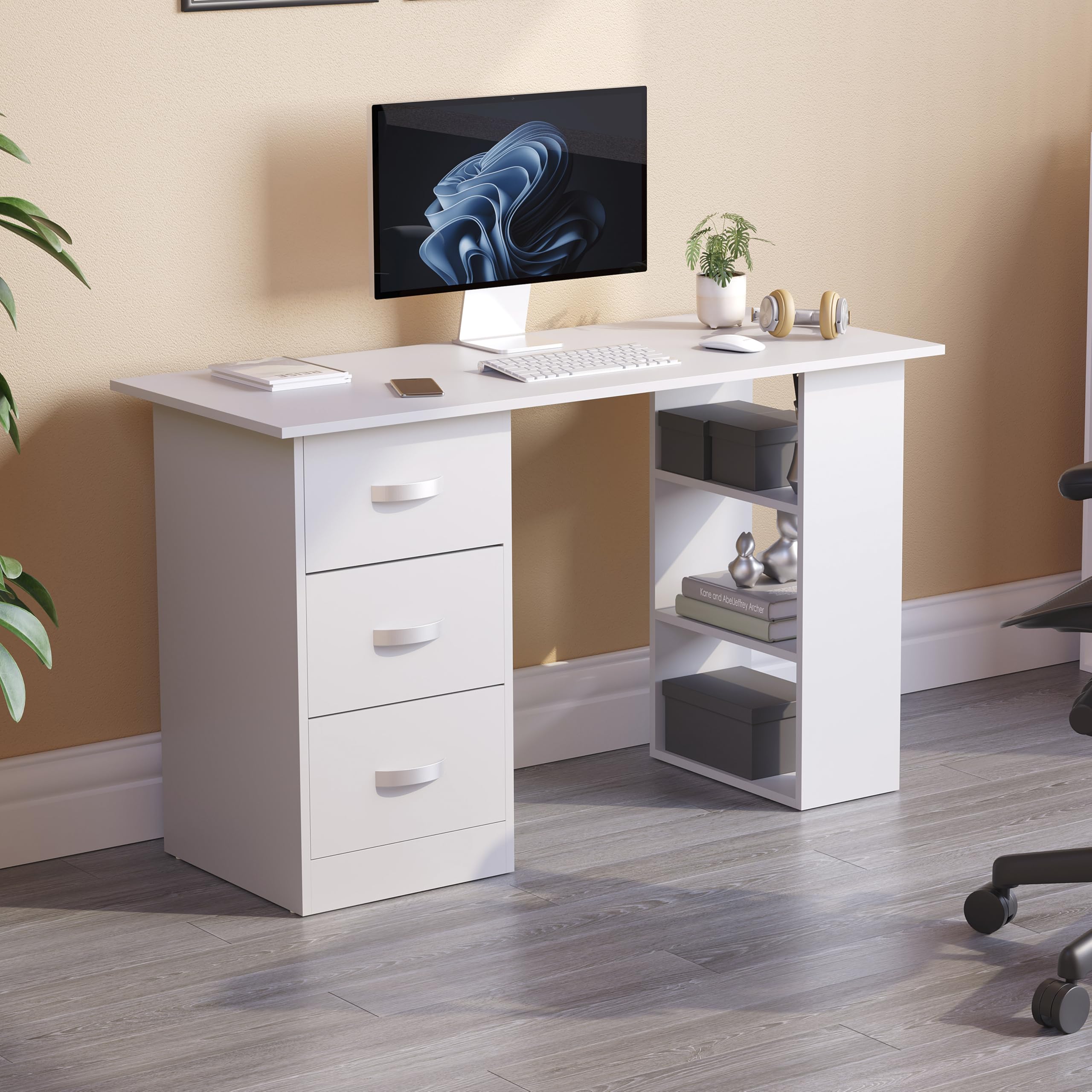 Vida Designs Mason Computer Desk with Shelves and 3 Drawers, Home Office PC/Laptop Gaming Table, Study Workstation, Furniture White