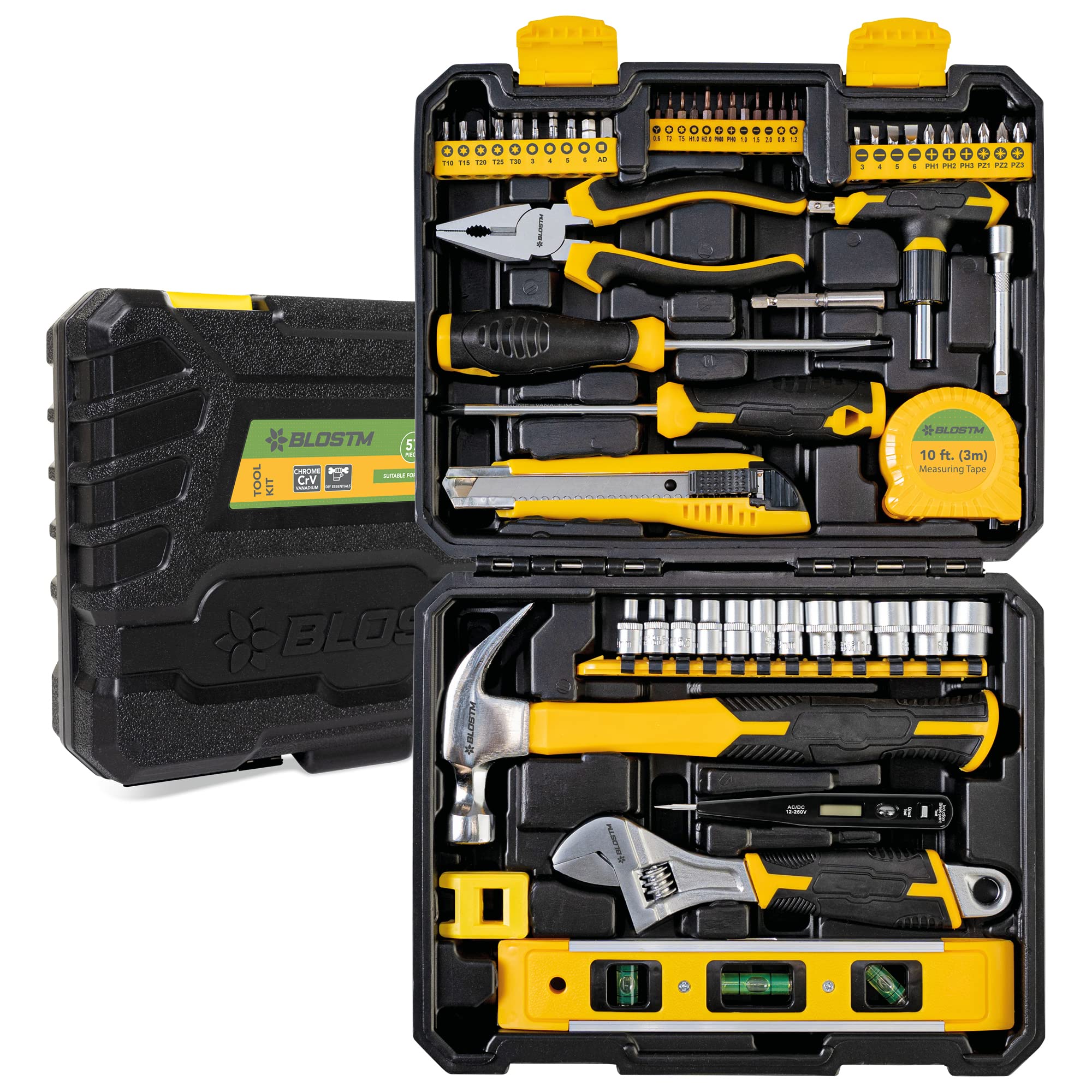 BLOSTM 57-Piece Tool Kit - Essential Hand Tools Set for DIY Repairs & Maintenance in Home/Office/Garage - Includes Portable Storage Case, Screwdrivers, Bit Driver, Bits, Pliers, Wrench, Hammer & More