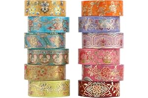 Lychii Washi Tape Set, 12 Rolls Vintage Masking Tape, Gold Foil Decorative Tape, 5M/16.4Ft Long Glitting Oriental Aesthetic Journaling Supplies for Planner, Bujo, Artistic Projects - 15mm