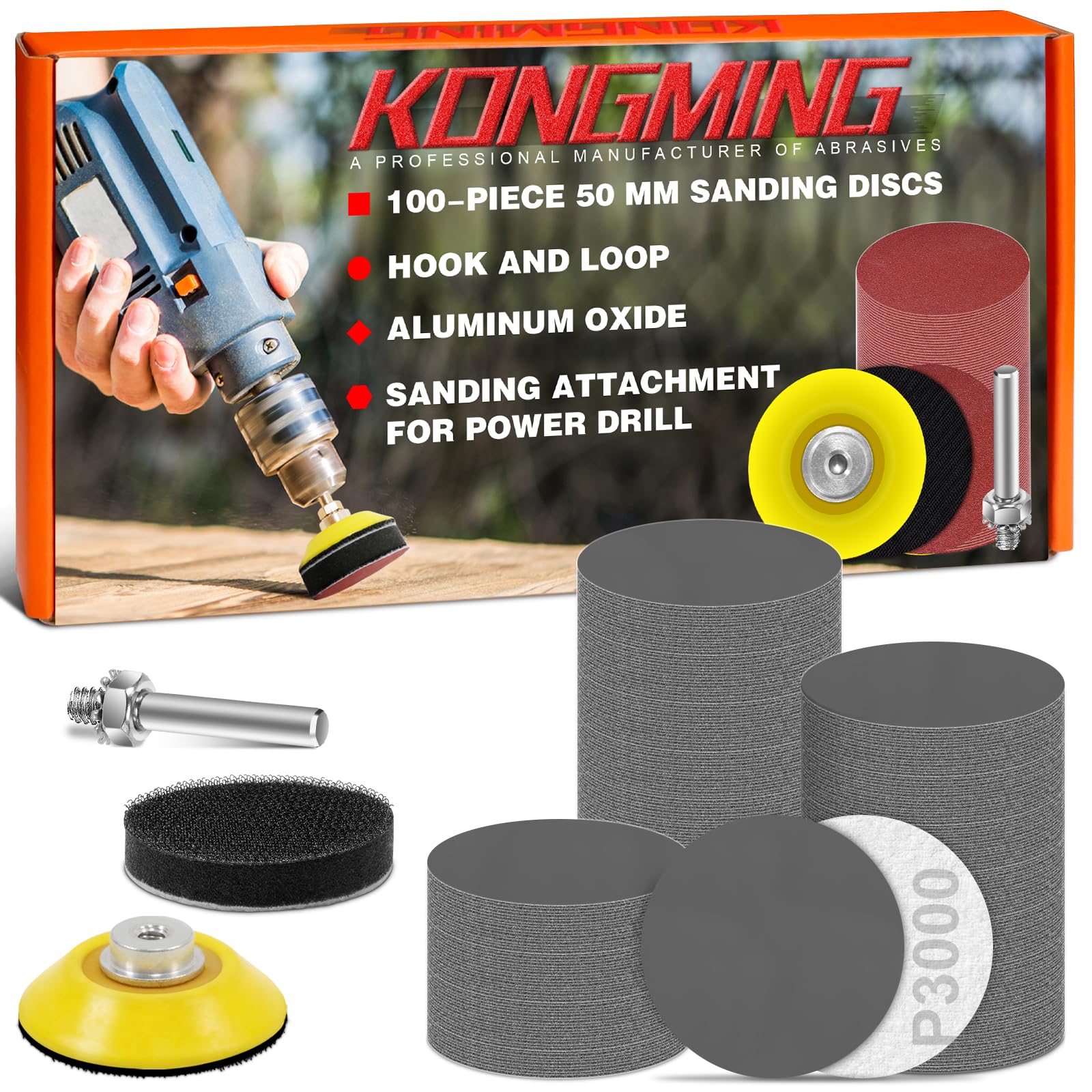KONGMING 50mm Sanding Discs Hook and Loop 100 pcs Grit 3000 for Drill Sanding Attachment