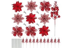 RECUTMS 66 Pcs 3 Styles Red Christmas Ornaments Christmas Glitter Poinsettia Flowers Artificial Christmas Tree Flower Decorations Wedding Wreath Floral Decorations (Red)