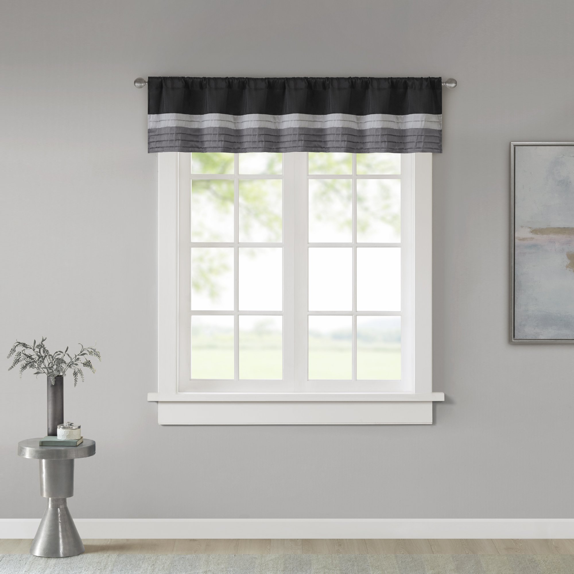 Madison Park Amherst Polyoni Pintuck Teal Gray Window Valance, Modern Rod Pocket Valances for Windows, 50X18, Black