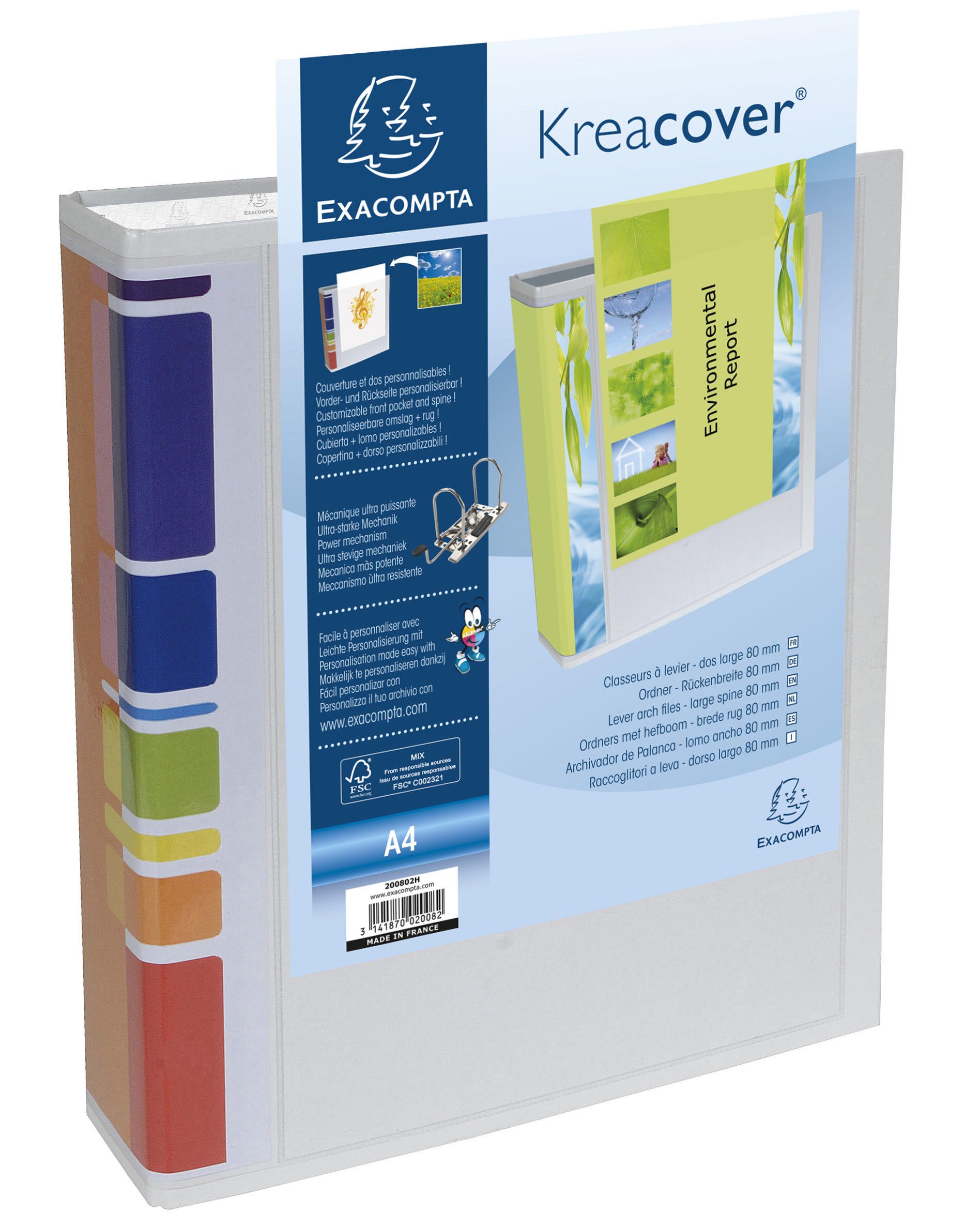 Exacompta - Ref 200802H - Kreacover Collection - Prem'Touch Lever Arch File - 320 x 290mm in Size, Suitable for A4 Documents, Polypropylene, 2 Rings, 80mm Spine - White