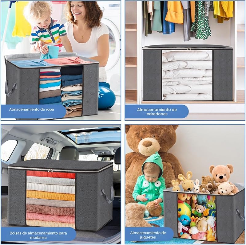 4pcs Bolsa de Almacenamiento de Ropa Plegable, 60L Grandes Cajas de Almacenaje Ropa con Mango Reforzado, No-Tejida Organizador Guardar para Edredones Mantas, 55x35x32cm — foto 6 de 7