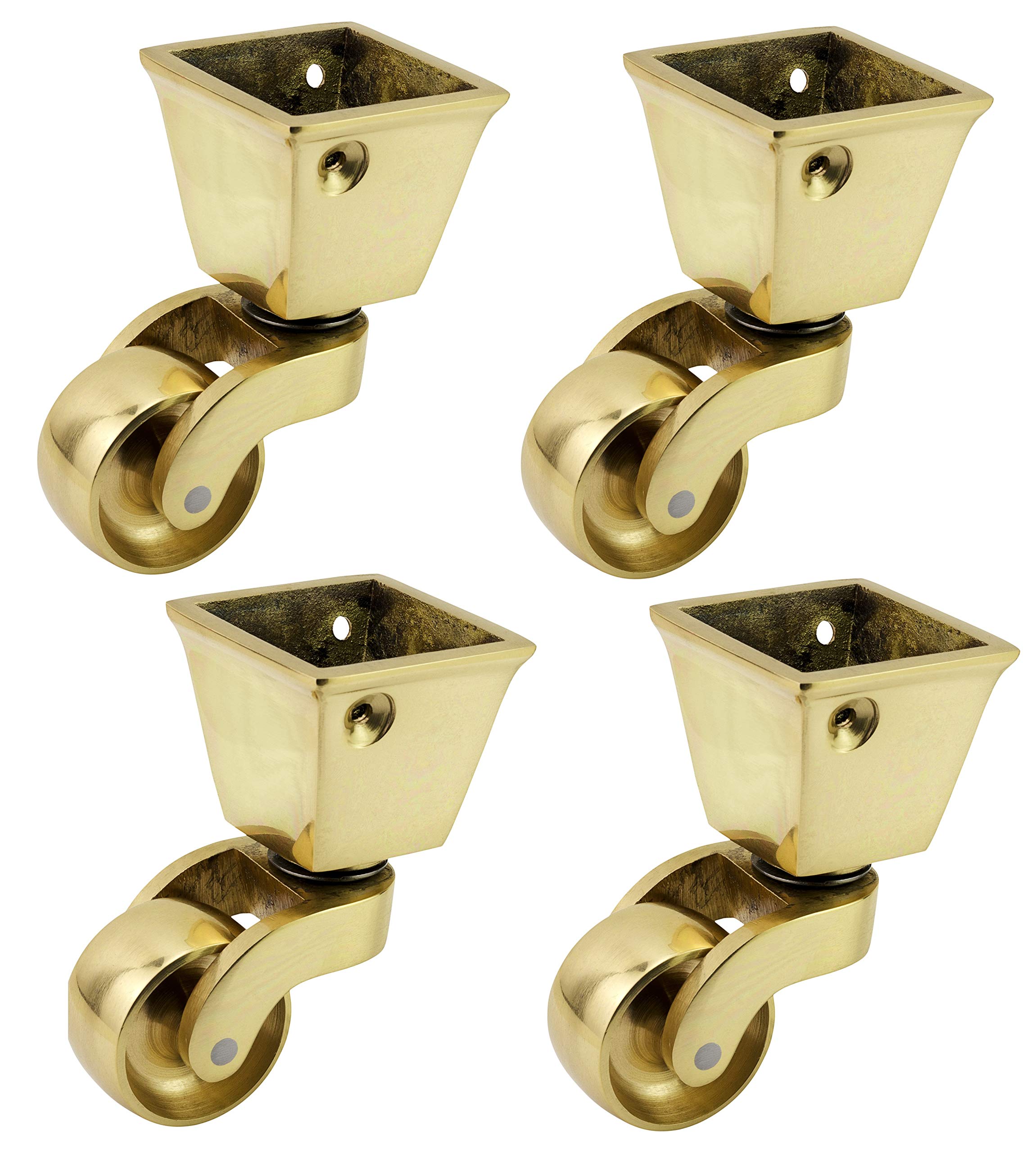 Solid Brass Castors Casters with 32mm Wheels – Genuine Solid Polished Brass – Antique Vintage – Square Cup Style Fitting – Polished Brass – UK Company - Set of 4