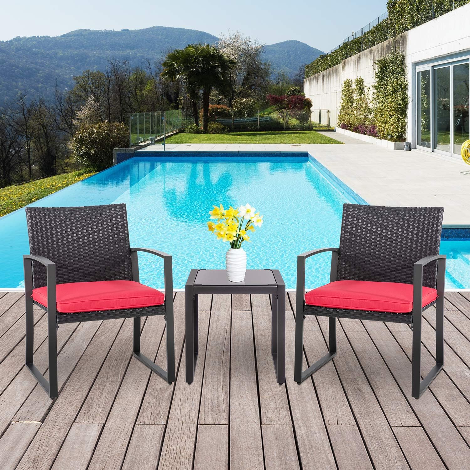 Shintenchi 3 Pieces Outdoor Patio Furniture Set, Portable Rattan Chair Wicker Furniture for Backyard Porch Lawn Garden Balcony with Cushions,Conversation Sets with Coffee Table: Garden & Outdoor