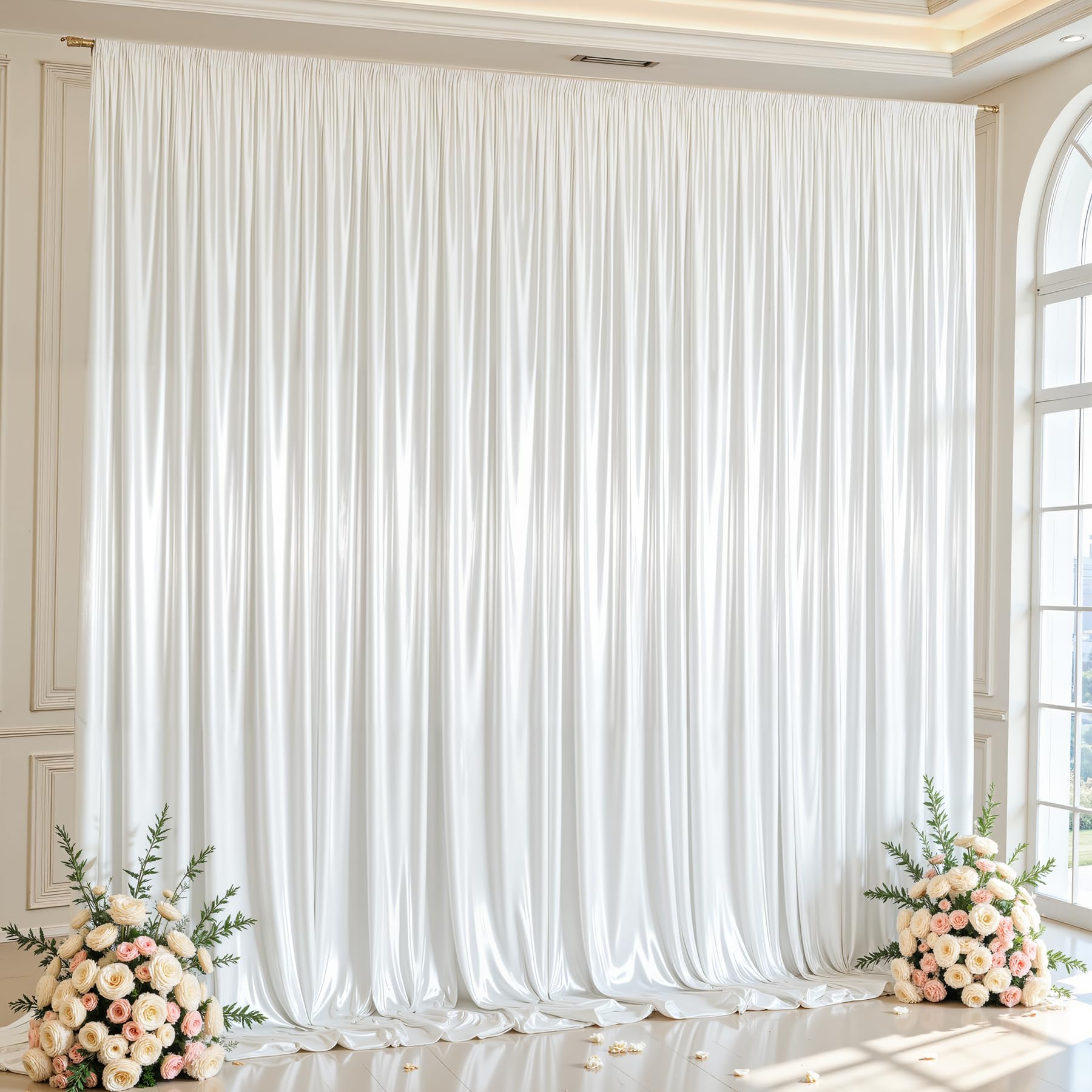 Photo 1 of 10x10ft White Glitter Backdrop Curtain for Parties, Wrinkle Free Satin Photo Backdrop Drapes 2 Panels 5x10FT Shimmer Back Drop Cloth for Wedding Birthday Baby Shower Photography Background Decor