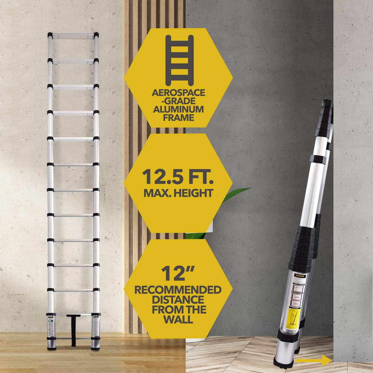 Sorfey Premium 12.5 ft Aluminum Telescopic Lightweight Multipurpose Extendable Ladder with 1 Button Spring Loaded Safety Locking Mechanism, Great for Hobbies, DIY Projects – 330 Pound Capacity - - 