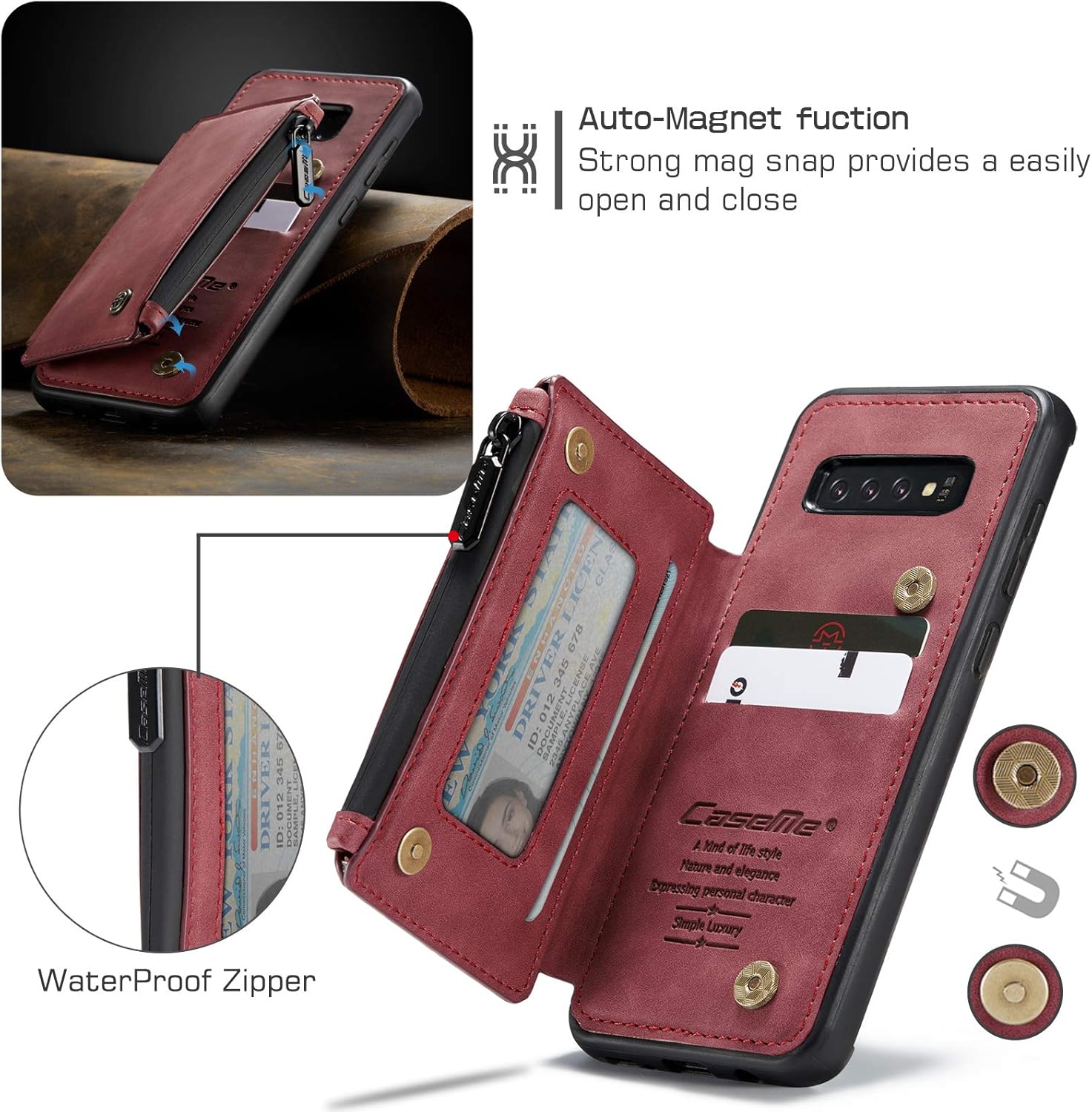 UFinetech 2-in-1 Samsung Galaxy S10e Case Wallet Leather TPU Flip Stand Magnetic Card Holder Waterproof Zipper RFID Blocking Designer Luxury Stylish 2020 Purse Holster Cover for Samsung Galaxy S10e - Image 4