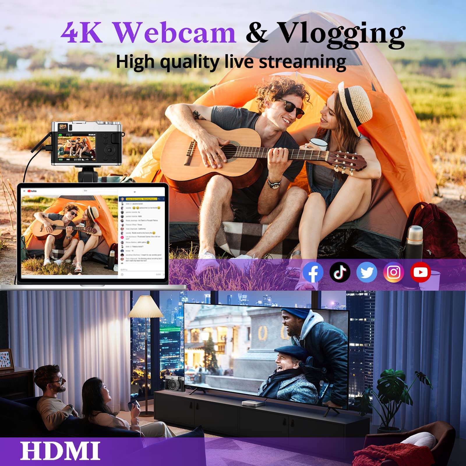 Jumobuis 4K Digital Camera Auto Focus 48MP Vlogging Video for YouTube Photography Cameras Beginners Travel Portable Compact Point and Shoot with Viewfinder Flash 32G Memory Card Silver ,DC202