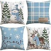 Artscope Christmas Throw Pillow Covers 18x18 Inch Set of 4, Scottish Tartan Plaid Snowman Reindeer Winter Christmas Decoration Pillow Cases for Home Sofa Couch Decor-Light Blue