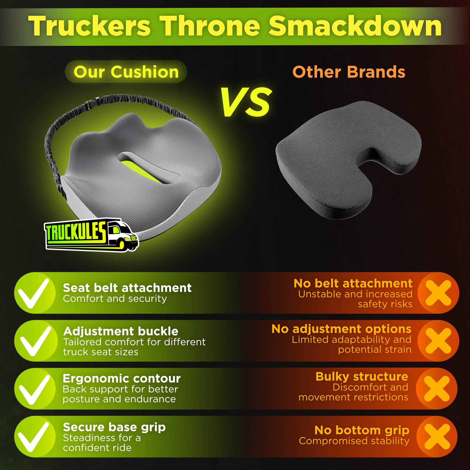 Truck Seat Cushion for Truck Driver Seat Cushion – Upgraded Back Support, Thick and Firm Memory Foam, Pain Relief for Hours of Driving, Maximum Tush Comfort and Trucker Approved