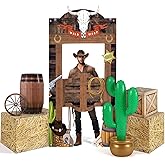 Fanfanwin 7 Pcs Western Cowboy Rodeo Party Supplies Decoration Cowboy Trunk or Treat Car Decor Kit Hay Bales Boxes Inflatable Cactus Prop Decor Western Backdrop Banner Wagon Wheel Village Accessories