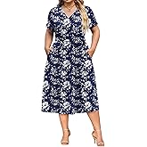 IN'VOLAND Women Plus Size Short Sleeve Dress Casual Wrap V Neck Belted Vacation Beach Midi Dresses with Pockets