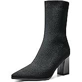 ErikenUrben Women Pointed Toe Stretch Sock Booties Block Heel Knit Boots