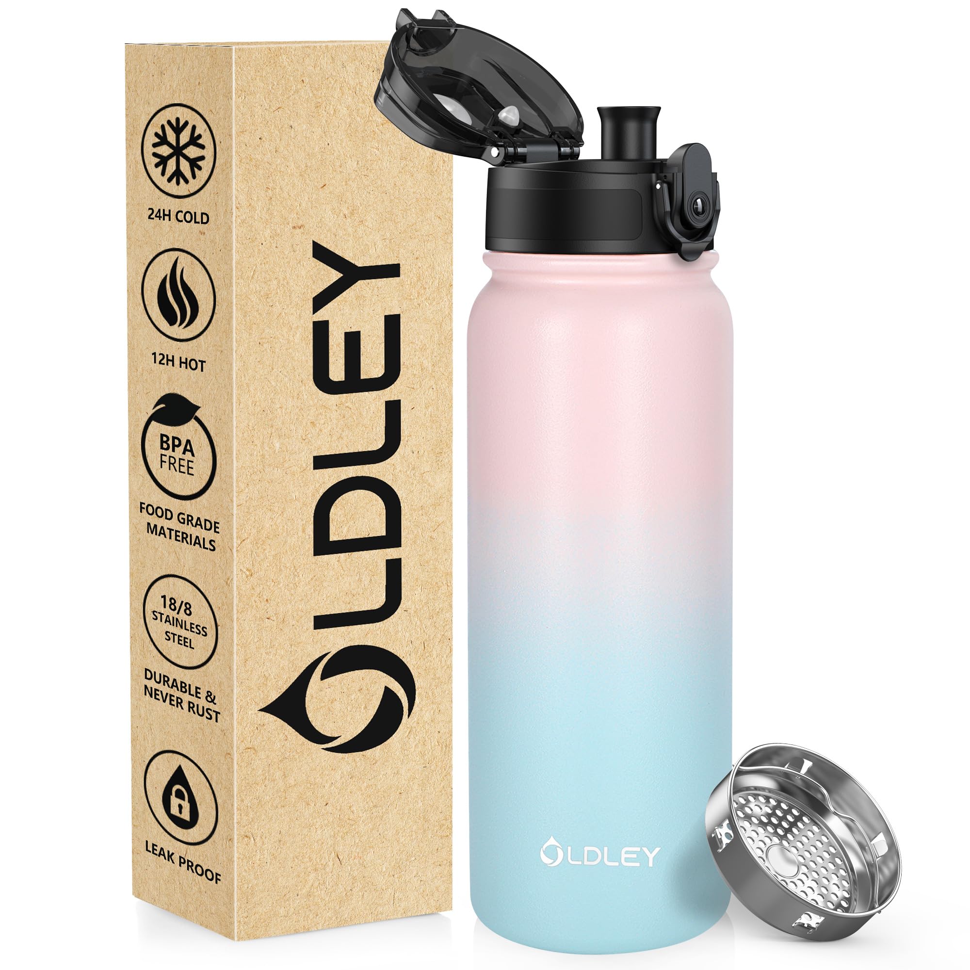 OLDLEY 600ml/20oz Stainless Steel Water Bottle Double Walled Vacuum Flask Keeps Drink Hot and Cold Leakproof BPA Free 600ML Metal Insulated Water Bottle for Sport School Work Hiking (Pink Blue)