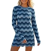 YUNLORIA Women's Crochet Colorful Mesh Summer Long Sleeve Cover Ups Casual Striped Beach Wear Knit Mini Dresses