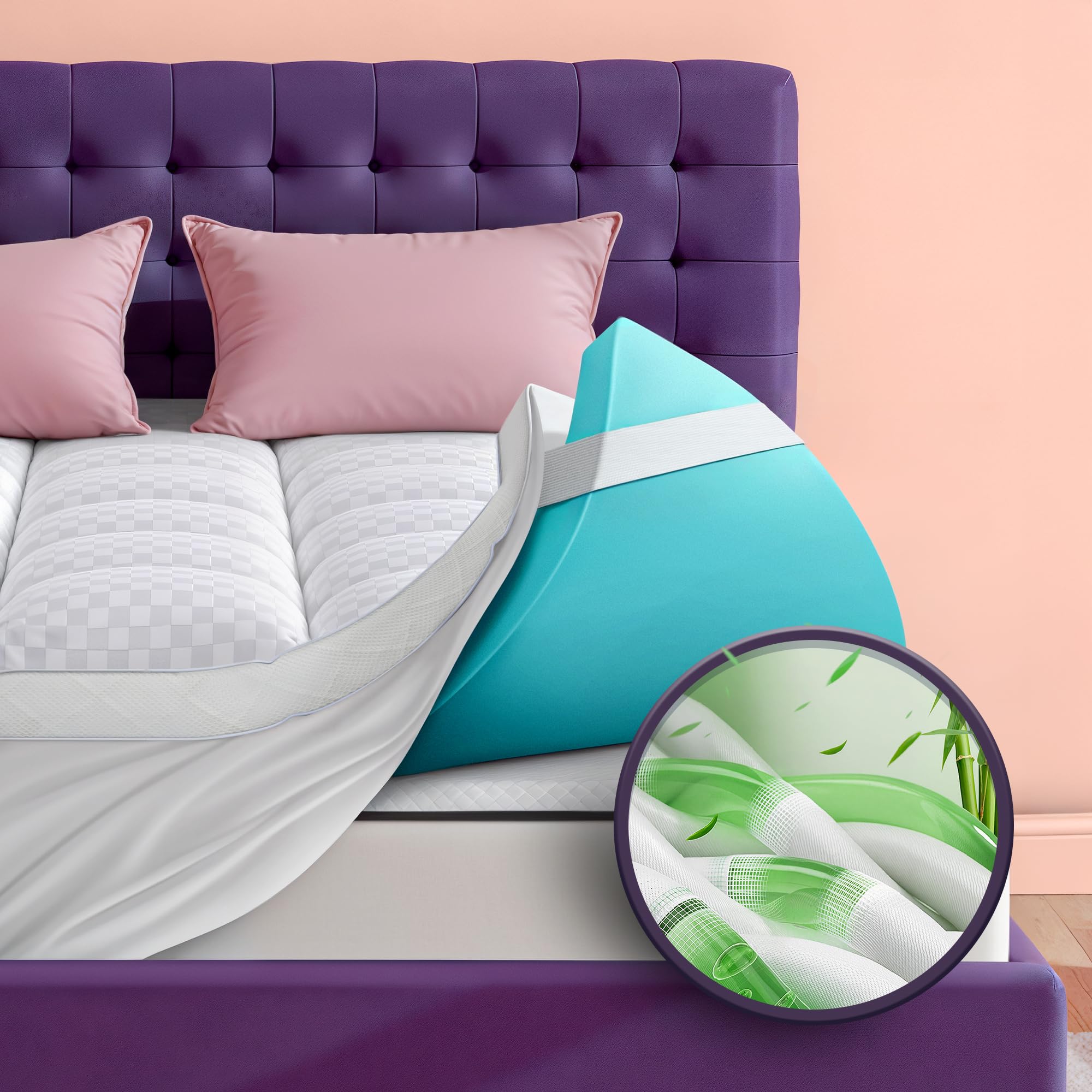 Photo 1 of Dual Layer 4 Inch Memory Foam Mattress Topper for Pressure Relief with 4X Support, 2" Pillow Top Queen Mattress Topper 50% Viscose Made from Bamboo Plus 2" Cooling Gel Memory Foam Comfort Mattress Pad