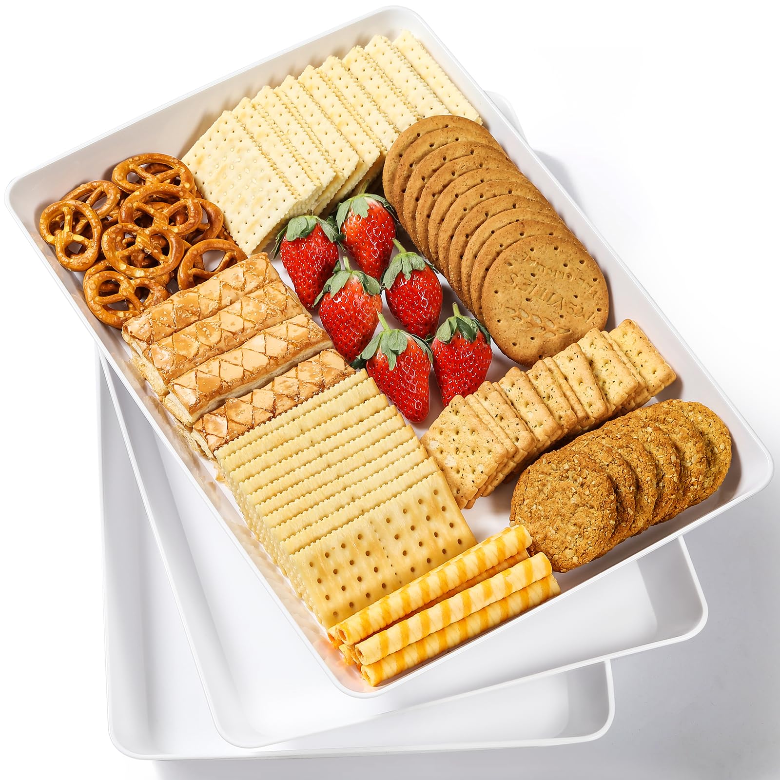 Photo 1 of 3 Pack, 16" x 11" Large White Serving Trays Set - Reusable Plastic Serving Platters for Cookie, Appetizer, Charcuterie, Snack, Dessert, Party Food Display - Stackable Kitchen CounterTop Tray, BPA Free