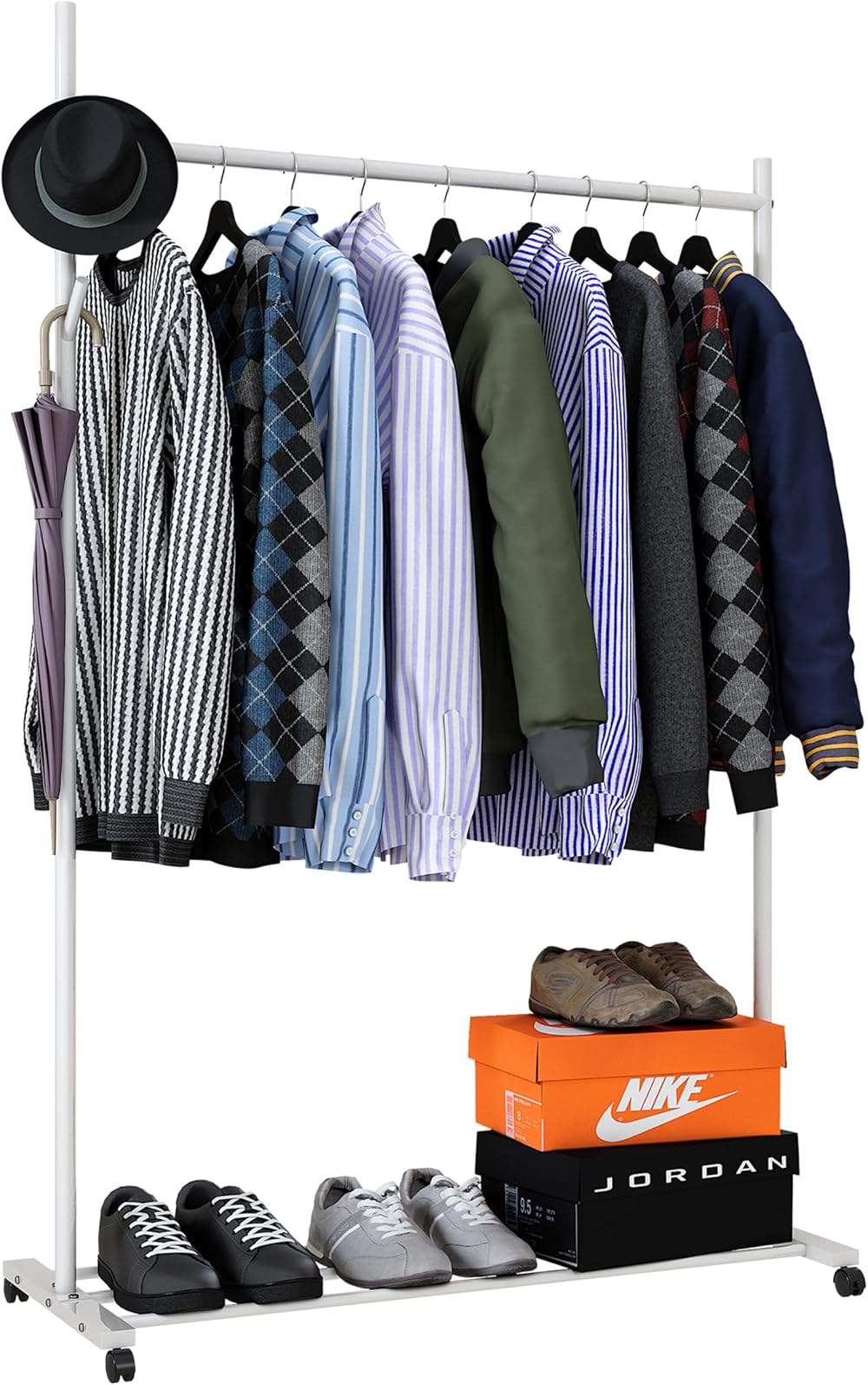 Klass Home Collection Portable Heavy Duty Clothes Rail with Storage Shelf White