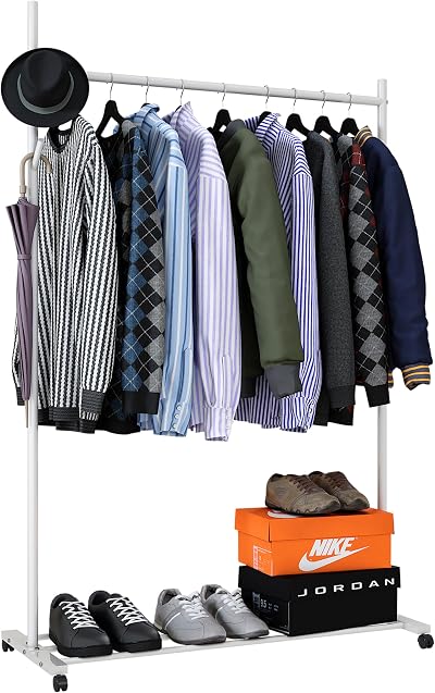 Klass Home Collection Portable Heavy Duty Clothes Rail with Storage Shelf White