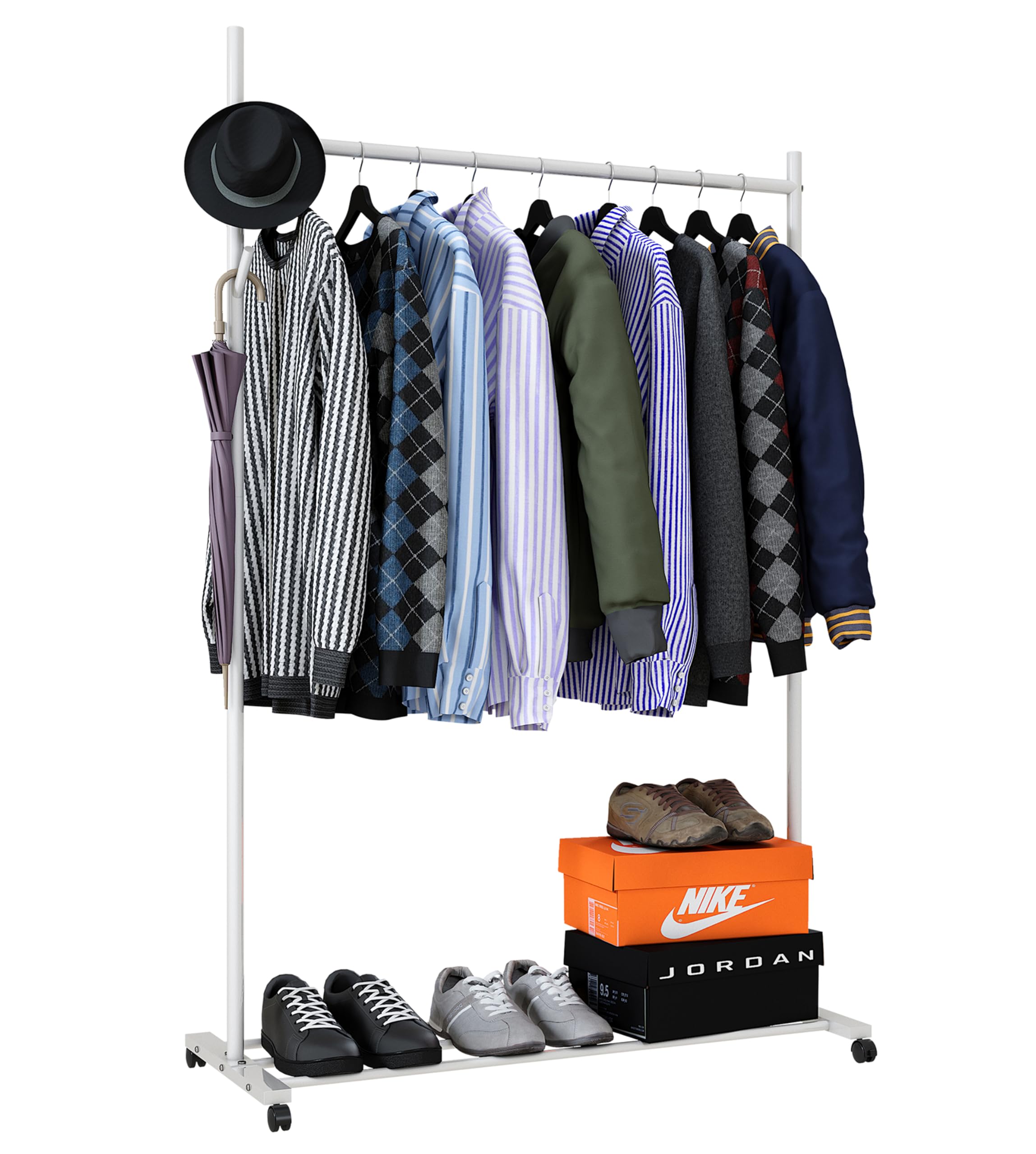 Klass Home Collection Portable Heavy Duty Clothes Rail For Bedroom, Home & Shops, 50KG Load Clothes Rack With Storage Shelf, Metal Clothing Rail For Hanging Garments, Coats (White With Wheels)