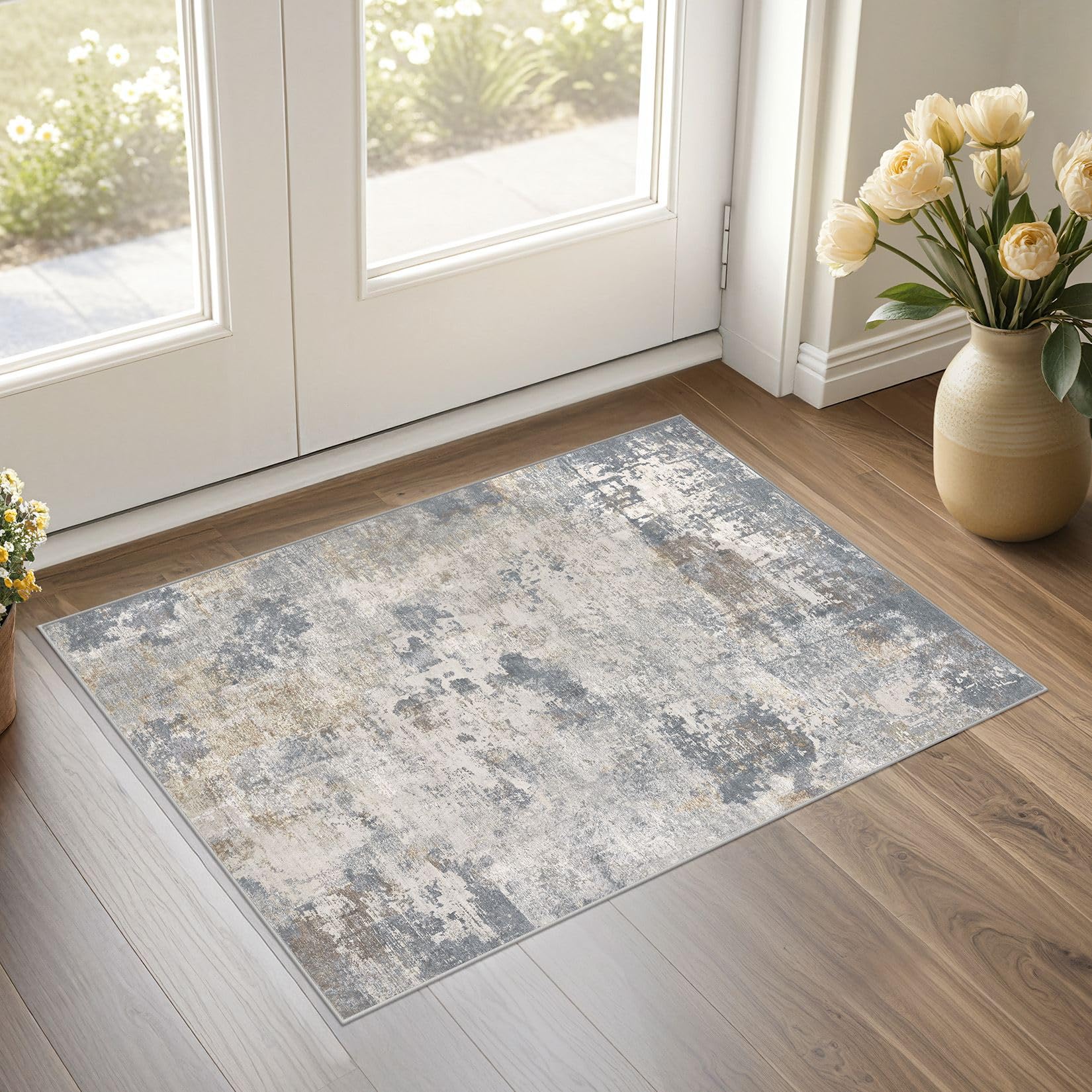 Photo 1 of UERMEI 2x3 Entryway Area Rug: Washable Neutral Modern Abstract Small Rug - Non-Slip Low Pile Throw Indoor Carpet for Entrance Kitchen Front Door Mat Bathroom Entry Kids Room - Blue Grey
