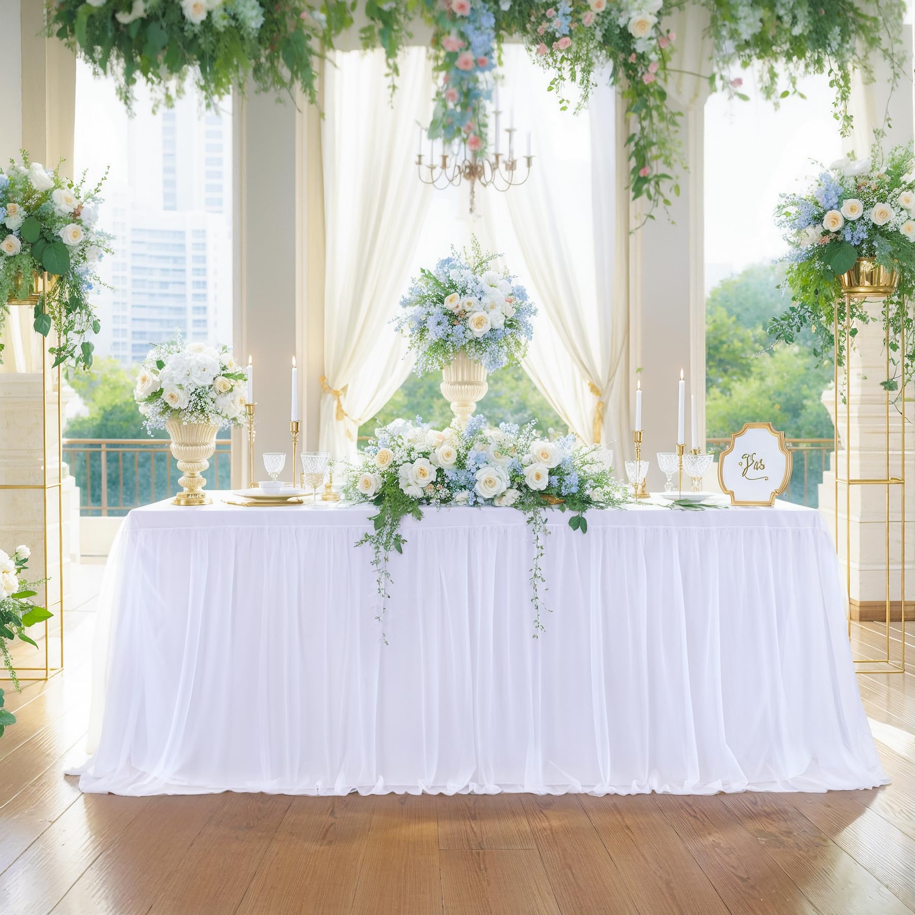 Photo 1 of White Tulle Tablecloth for 6 Foot Rectangular Table, 6ft White Rectangle Table Cloth, Wrinkle Free Table Cover with Tutu Skirt for Wedding Birthday Party Banquet Buffet Cake Event Table Decorations