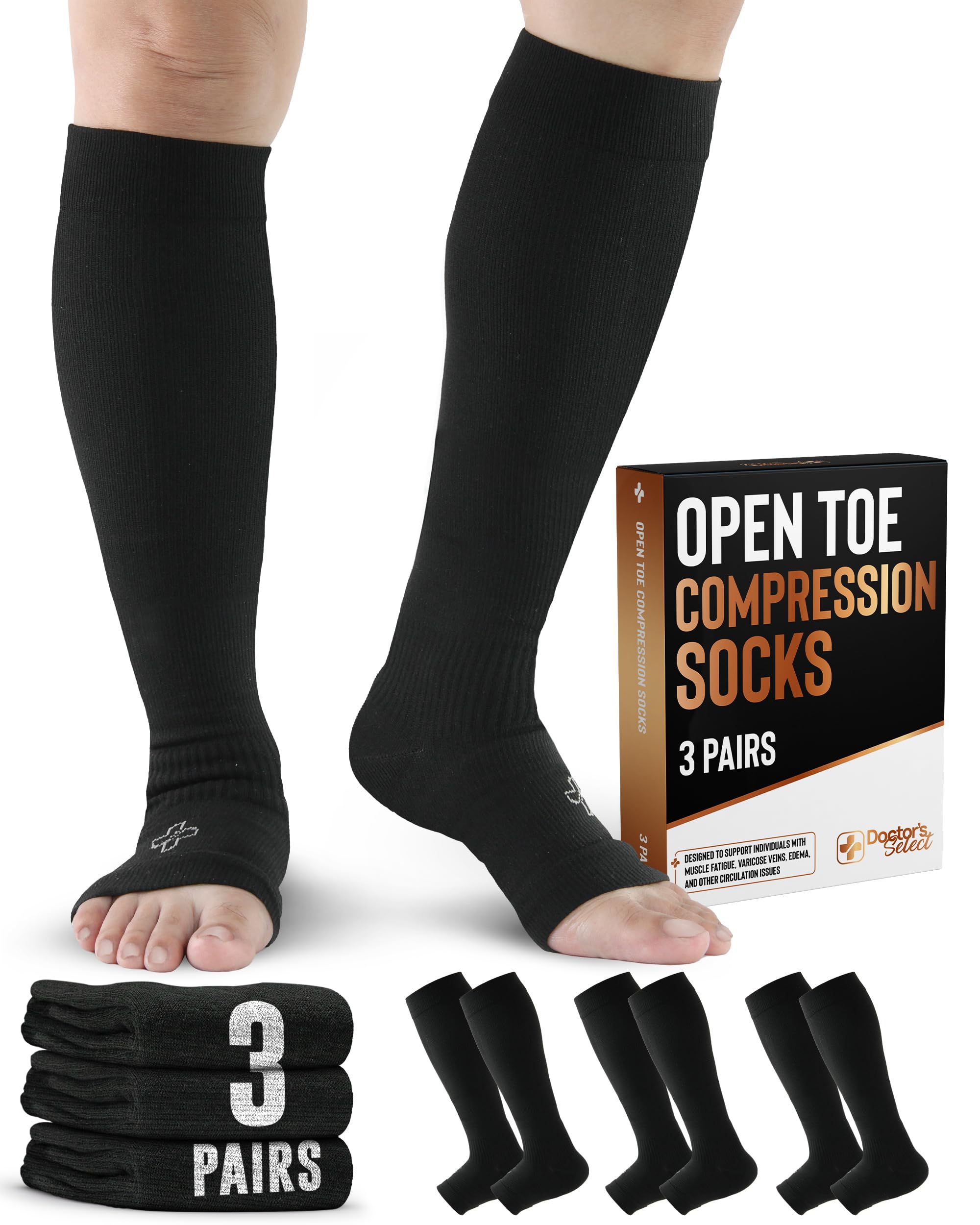 Photo 1 of Doctor's Select 3 Pairs Copper Toeless Compression Socks for Men & Women - 20-30 mmHg Open Toe, Knee High, Black