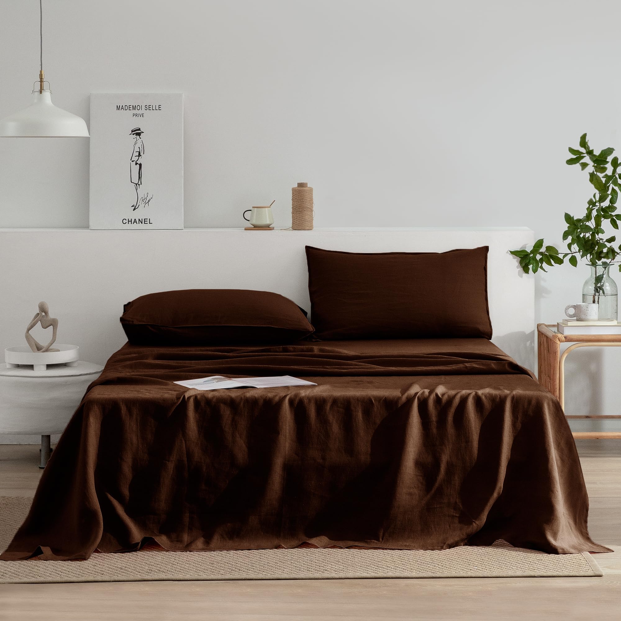 Photo 1 of EVERLY Linen Sheets Set King Size,100% French Stonewash Pure Linen Bed Sheets,4Pieces (1Flat Sheet,1Fitted Sheet,2Pillowcase) Suitable for Hot Sleepers,Deep Pocket Natural Bedding Set-Chocolate