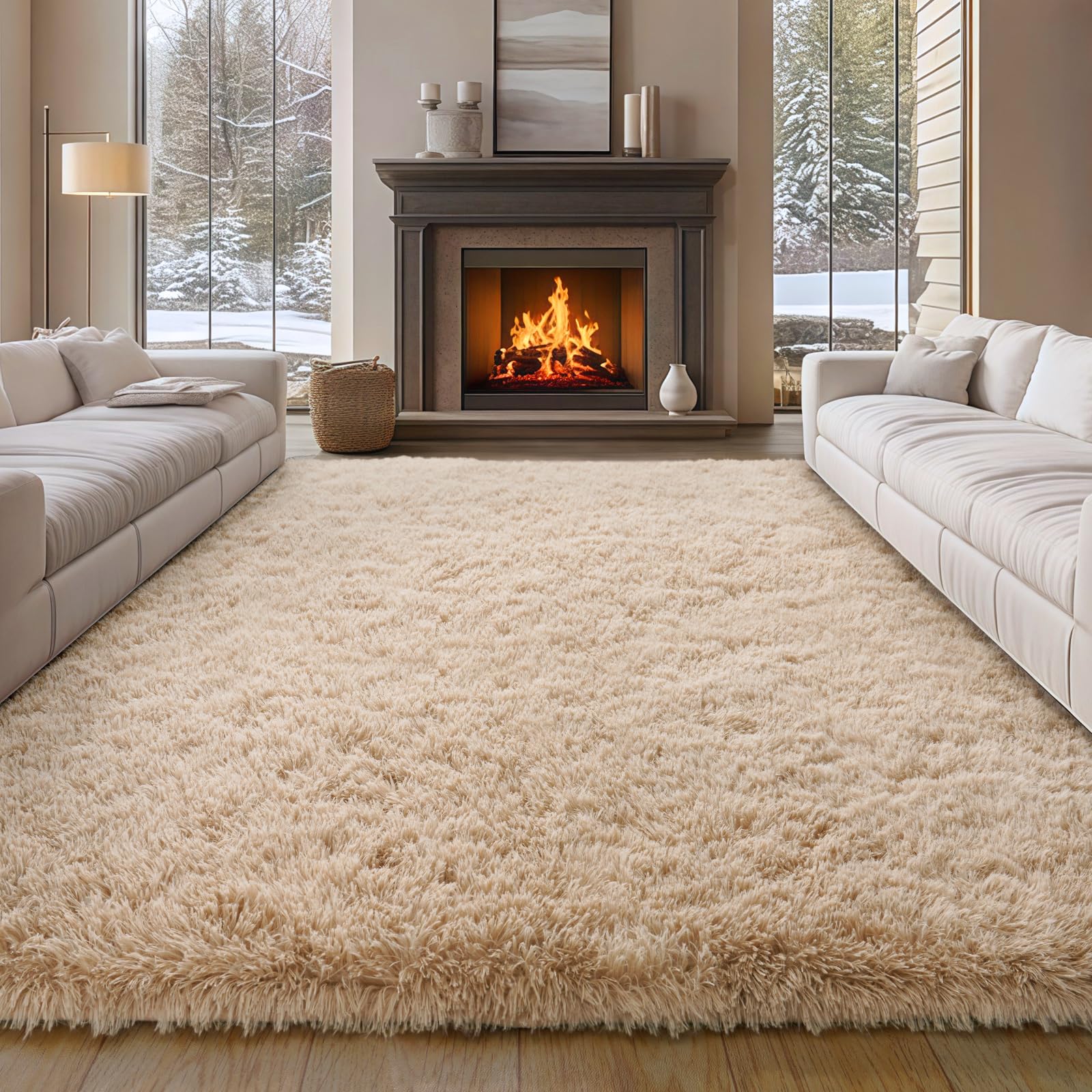 Photo 1 of plumlik 9x12 Large Area Rugs for Living Room, Beige Fluffy Shag Rug for Bedroom and Nursery, Soft and Comfy, Big Neutral Carpet for Kids, Girls, Boys Room Dorm Home Decor Aesthetic, Upgrade Non Slip
